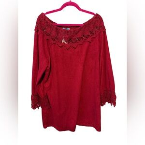 South Main Dark Red Women’s XL/XXL Blouse with Embroidered Lace Valentines Day